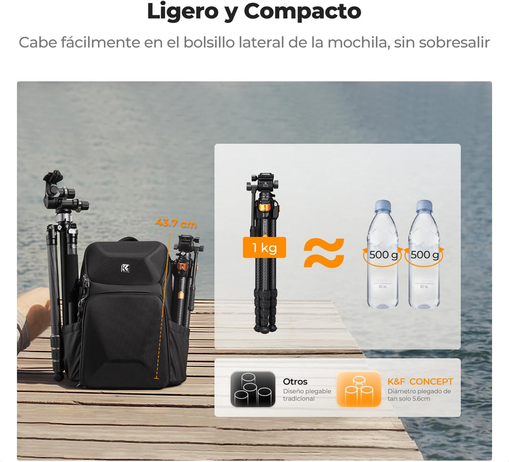 K&F CONCEPT Trípode de fibra de carbono con cabezal fluido de 61 ''