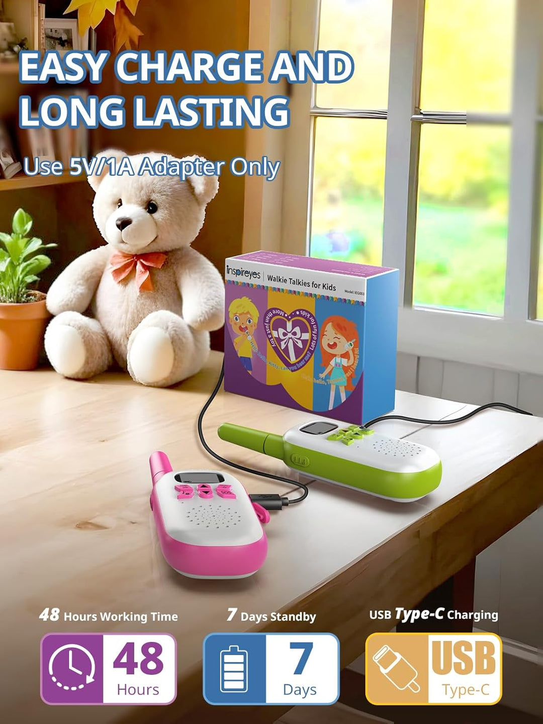 Inspireyes Walkie Talkies para niños recargables, juguetes para niñ...