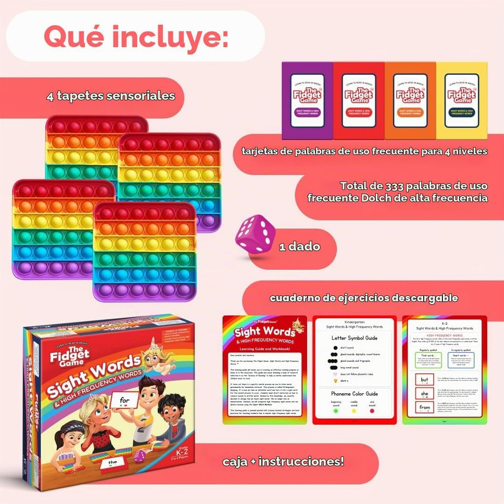 THE FIDGET GAME Conjunto de aprendizaje para jardín de infantes - Tarjetas educativas y juguetes Pop Fidget para niños de preescolar a tercer grado - Actividades y juegos de aprendizaje para palabras