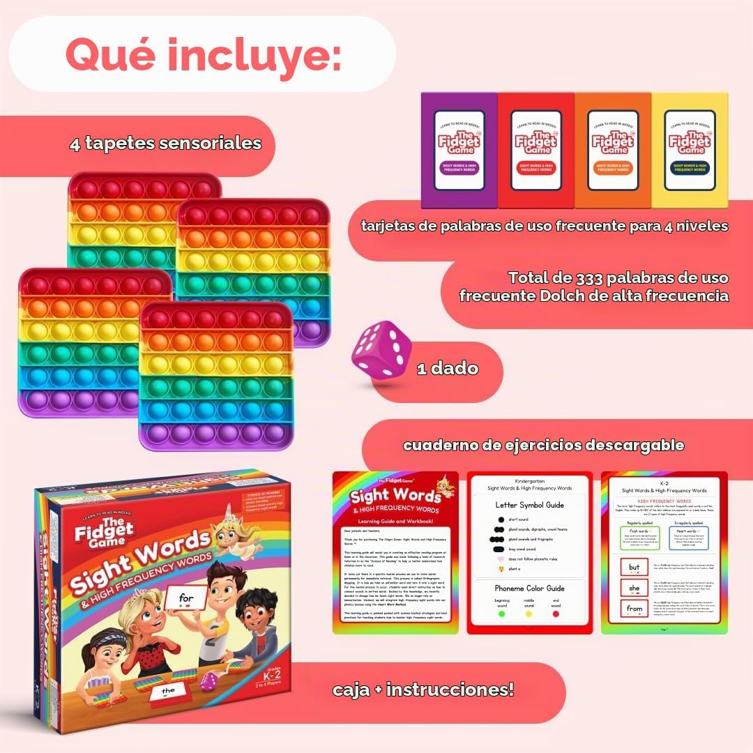 THE FIDGET GAME Conjunto de aprendizaje para jardín de infantes - Tarjetas educativas y juguetes Pop Fidget para niños de preescolar a tercer grado - Actividades y juegos de aprendizaje para palabras