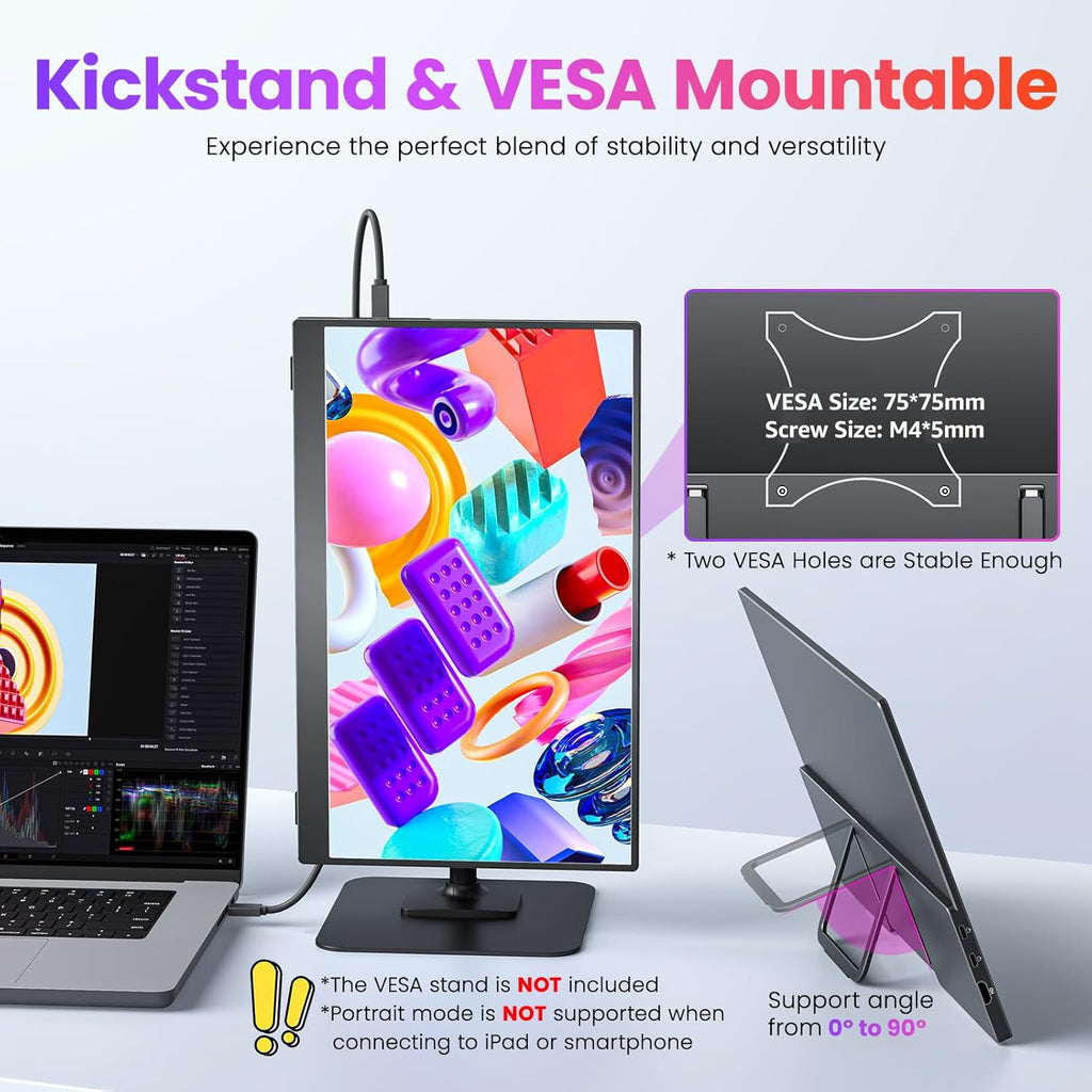 Upperizon Monitor portátil de 15.6 pulgadas FHD 87% sRGB 60Hz IPS HDR HDMI USB-C Monitor de viaje para laptop, MacBook, PC, Surface PS5 Xbox, pantalla externa con soporte y altavoces, compatible con VESA