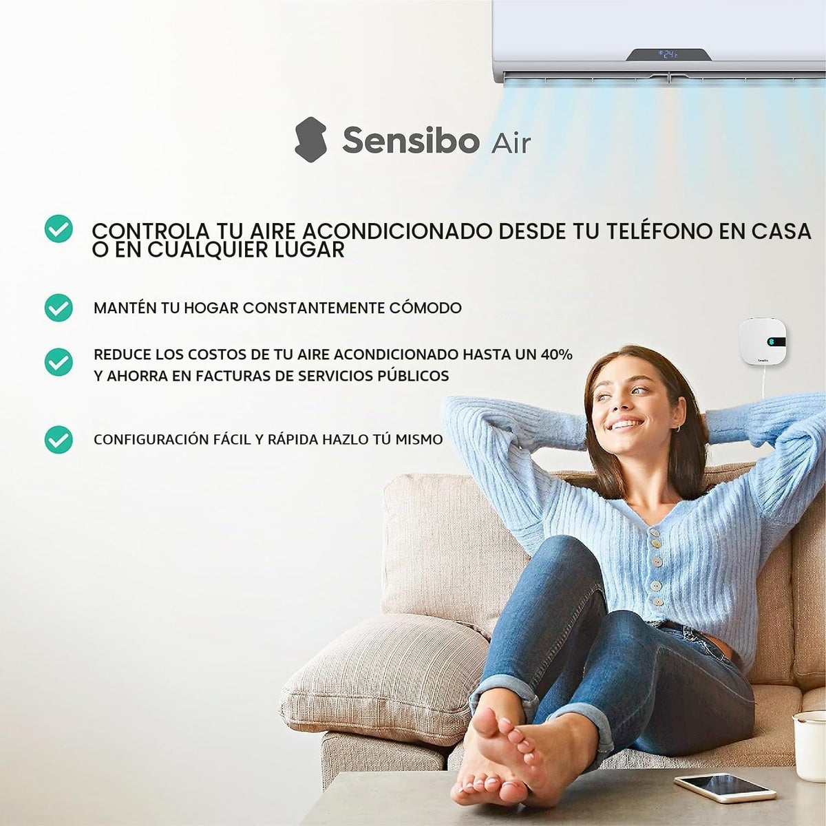 Sensibo Air - Controlador de aire acondicionado inteligente. Certificado Apple HomeKit. Instalación en 60 segundos. Mantiene características de confort y ahorro de energía. Compatible con Google