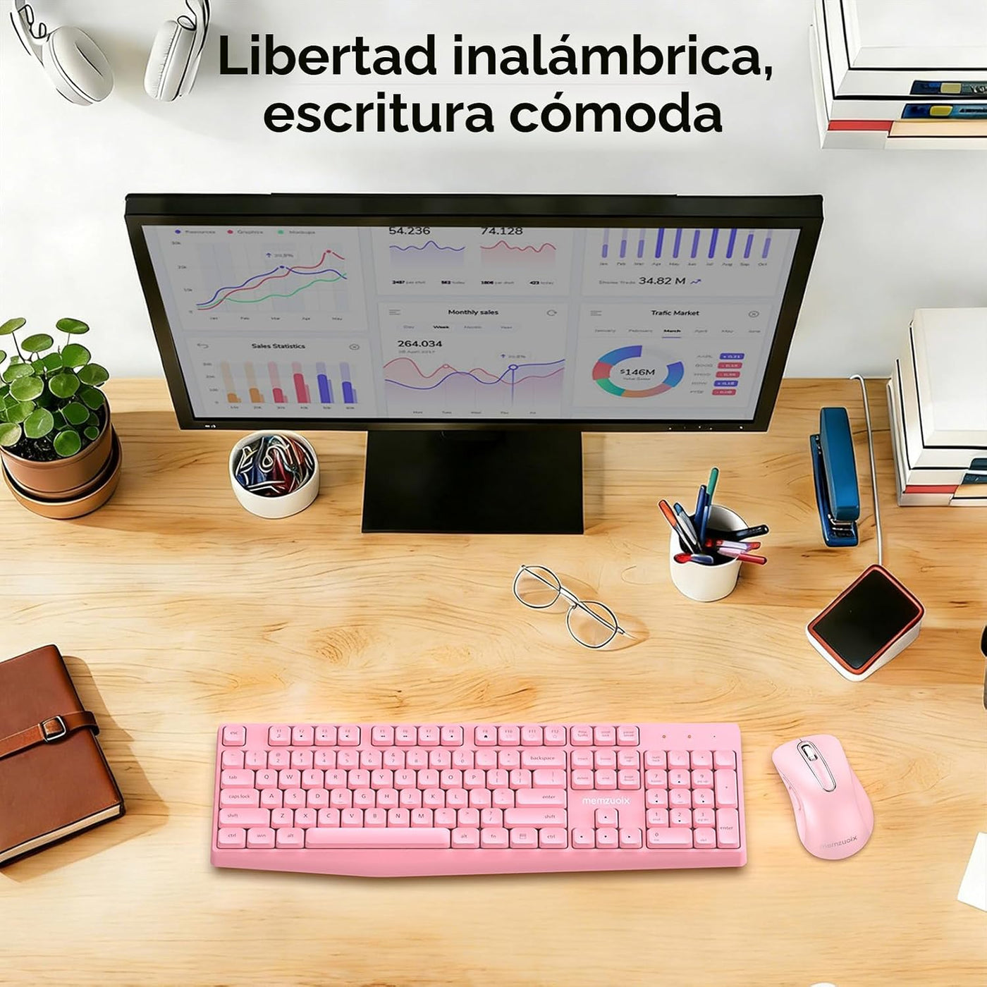 memzuoix Combo de teclado y mouse inalámbricos, juego ergonómico de...