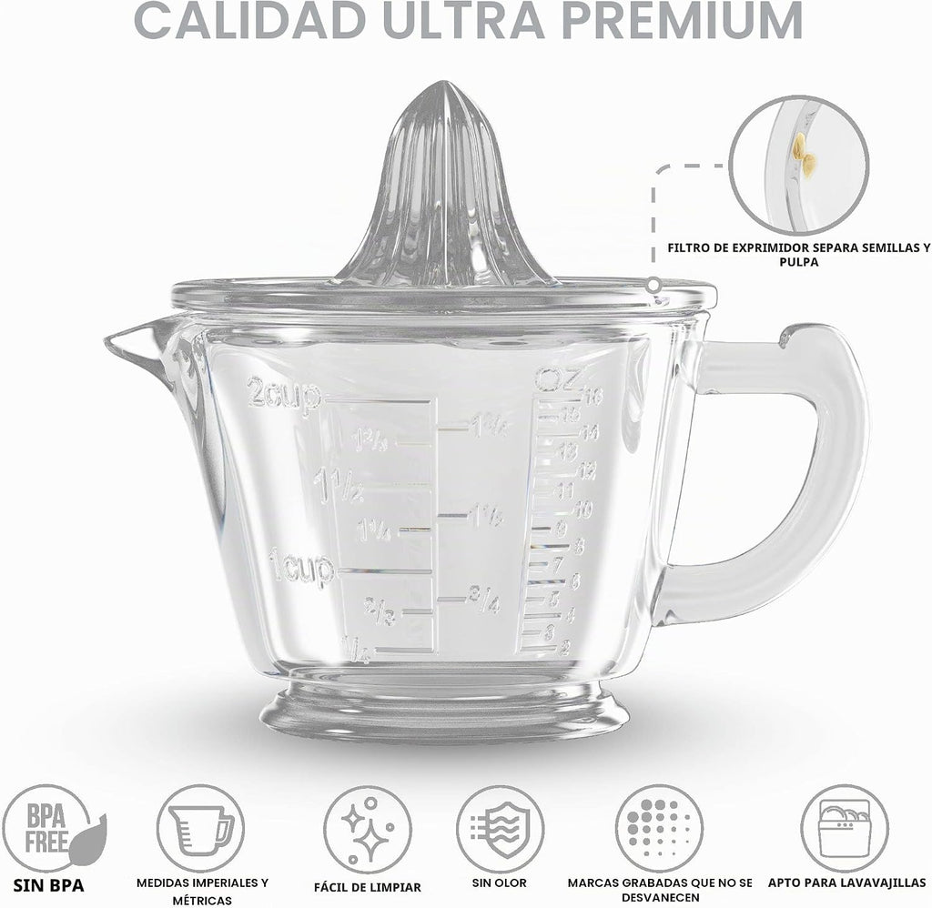 CuttleLab Exprimidor de Vidrio de 2 Tazas (Transparente) - Exprimidor Manual de Limón y Lima, Rallador de Cítricos