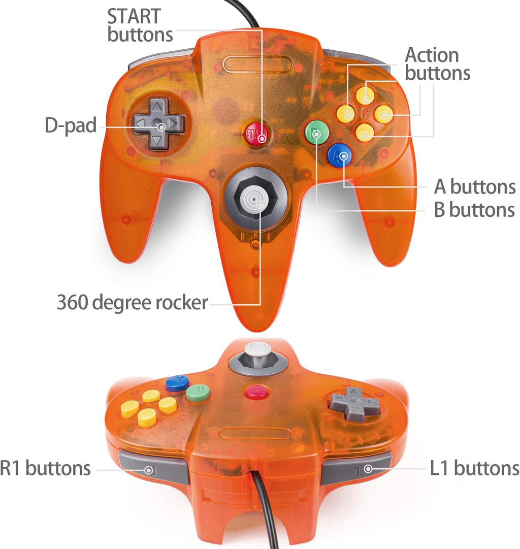 miadore Paquete de 4 Classic 64 Controller, Controladores con Cable para N64 con Joystick Mejorado (Versión USB no para PC) (Negro/Verde Transparente/Azul Transparente/Naranja Transparente)