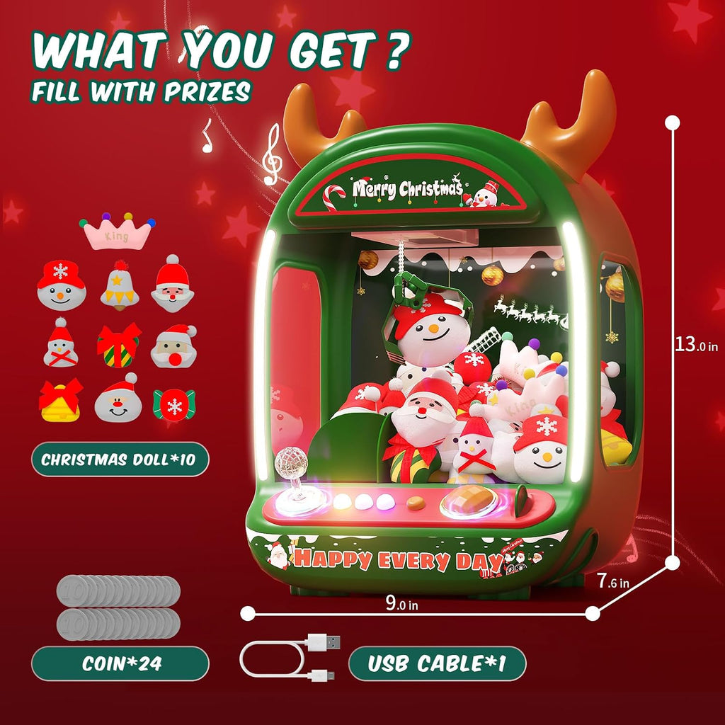 Skirfy Máquina de garras navideñas para niños, juguetes navideños para niñas de 6 años en adelante, mini máquina expendedora de juegos de arcade con juguetes de peluche y dispensador de dulces, máquina de juego de garras festivas, para niñas