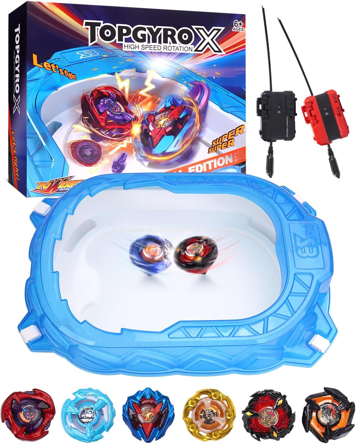 X Stadium Starter Kit - 6 Battle Tops con 2 Launchers, 1 Arena