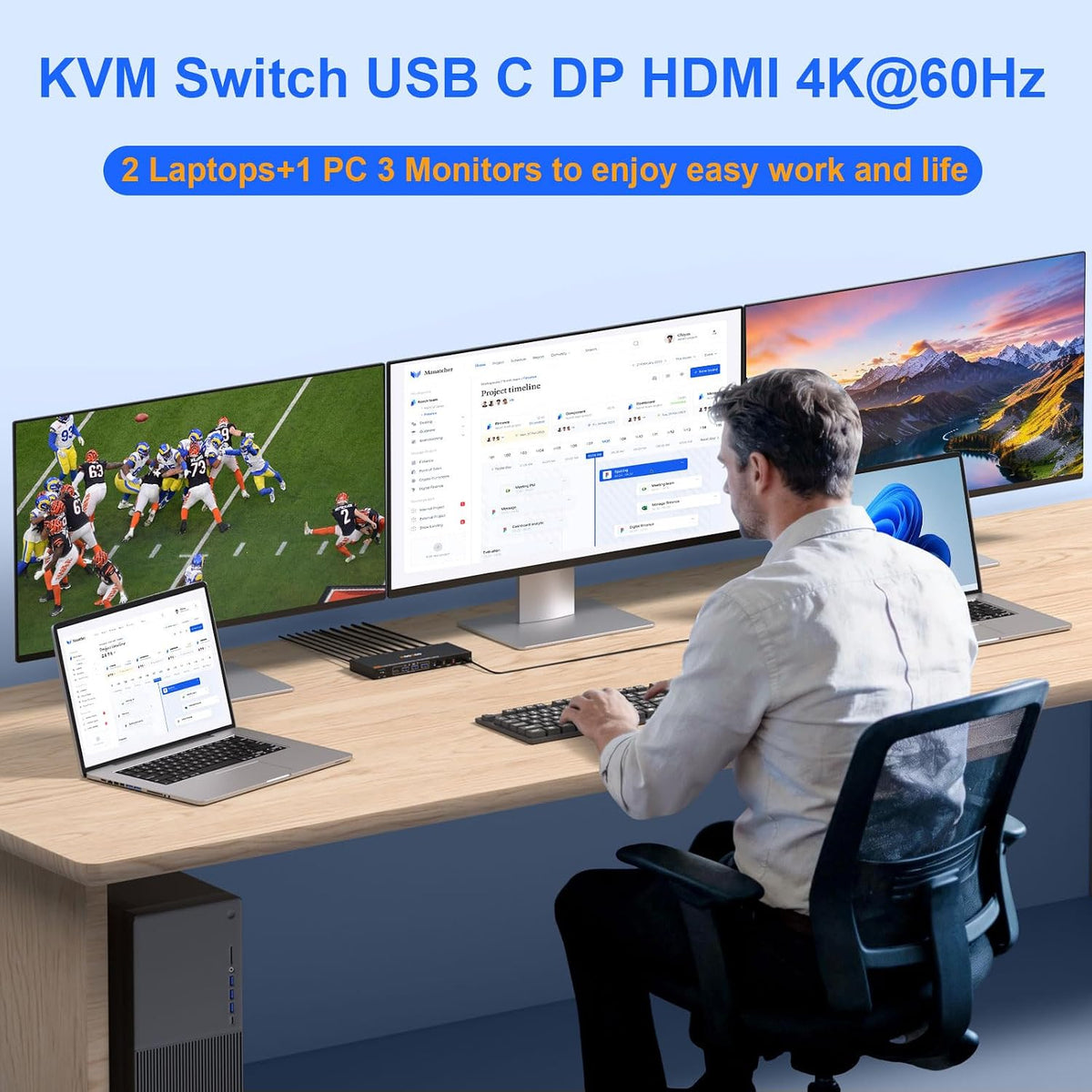 Conmutador KVM 3 Monitores 3 Computadoras USB C, Conmutador KVM para 2