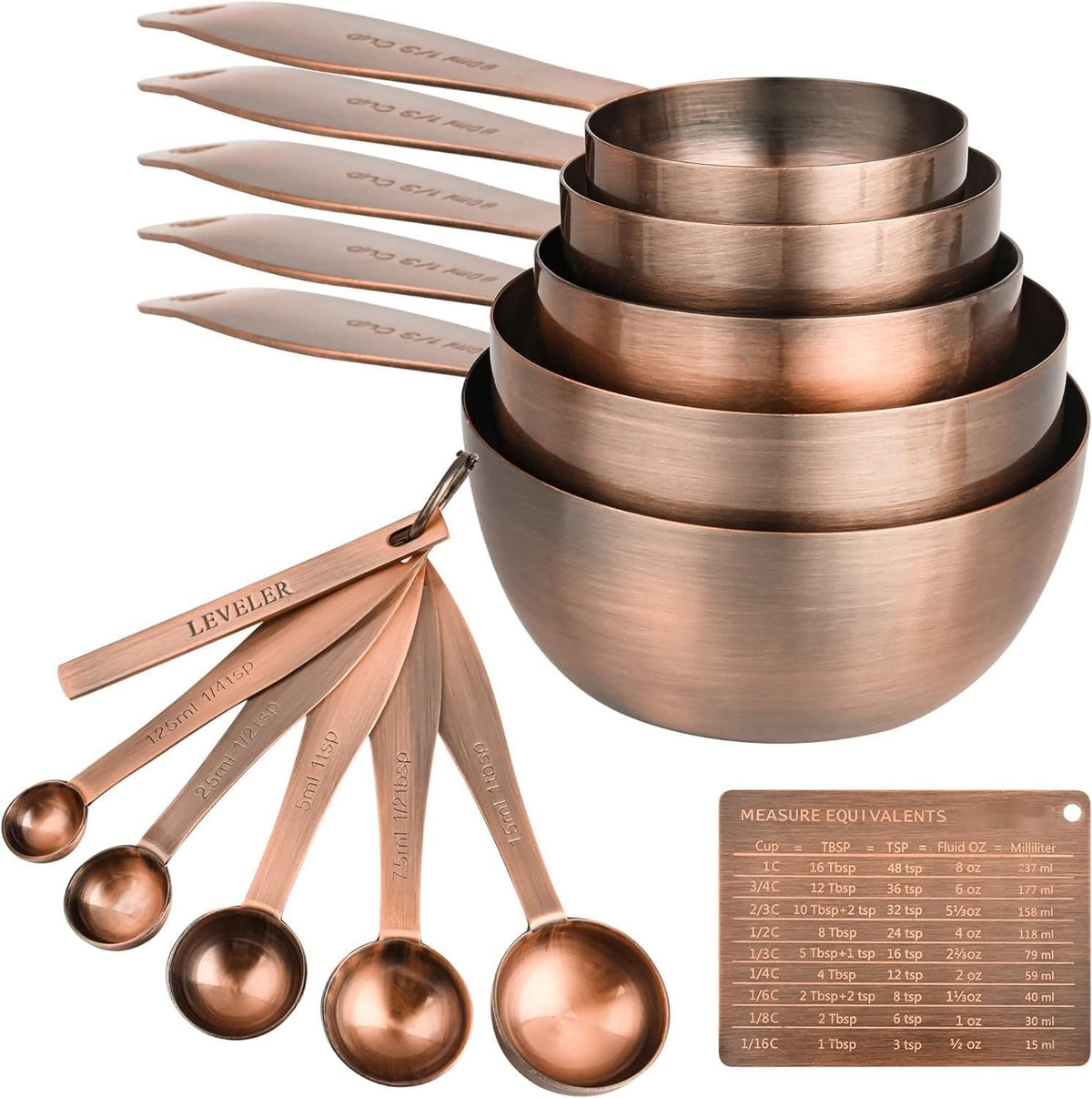 Juego de Tazas y Cucharas Medidoras Smithcraft, 12 Piezas de Acero Inoxidable Juego de Tazas Medidoras, Tazas Medidoras de Metal de Cobre Cucharas, Tazas Medidoras para Cocina Seca y Líquida Cuchara