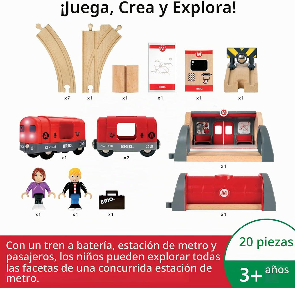 BRIO Metro Railway Set – Juego de 20 piezas de madera con certificación FSC y accesorios – Motor de tren con luz y sonido, quiosco, pistas de madera y más – Funciona con todos los juegos de trenes BRIO – Niños a partir de 3 años
