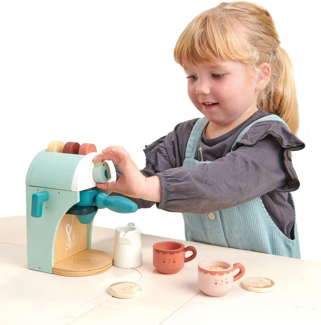 Tender Leaf Toys - Máquina de café de madera Babyccino Maker juguete de juego de comida con cápsulas y tazas de expreso hecho de materiales de primera calidad, artesanía a partir de 3 años