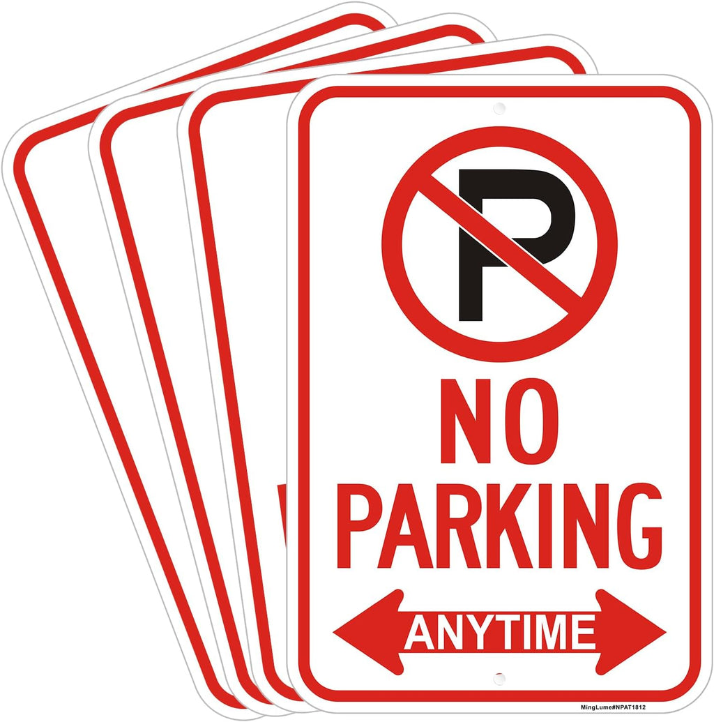 Paquete de 4 letreros grandes de no estacionar en cualquier momento con flecha, aluminio reflectante sin óxido, 18 x 12 pulgadas, resistente a la intemperie y a la decoloración para control de tráfico