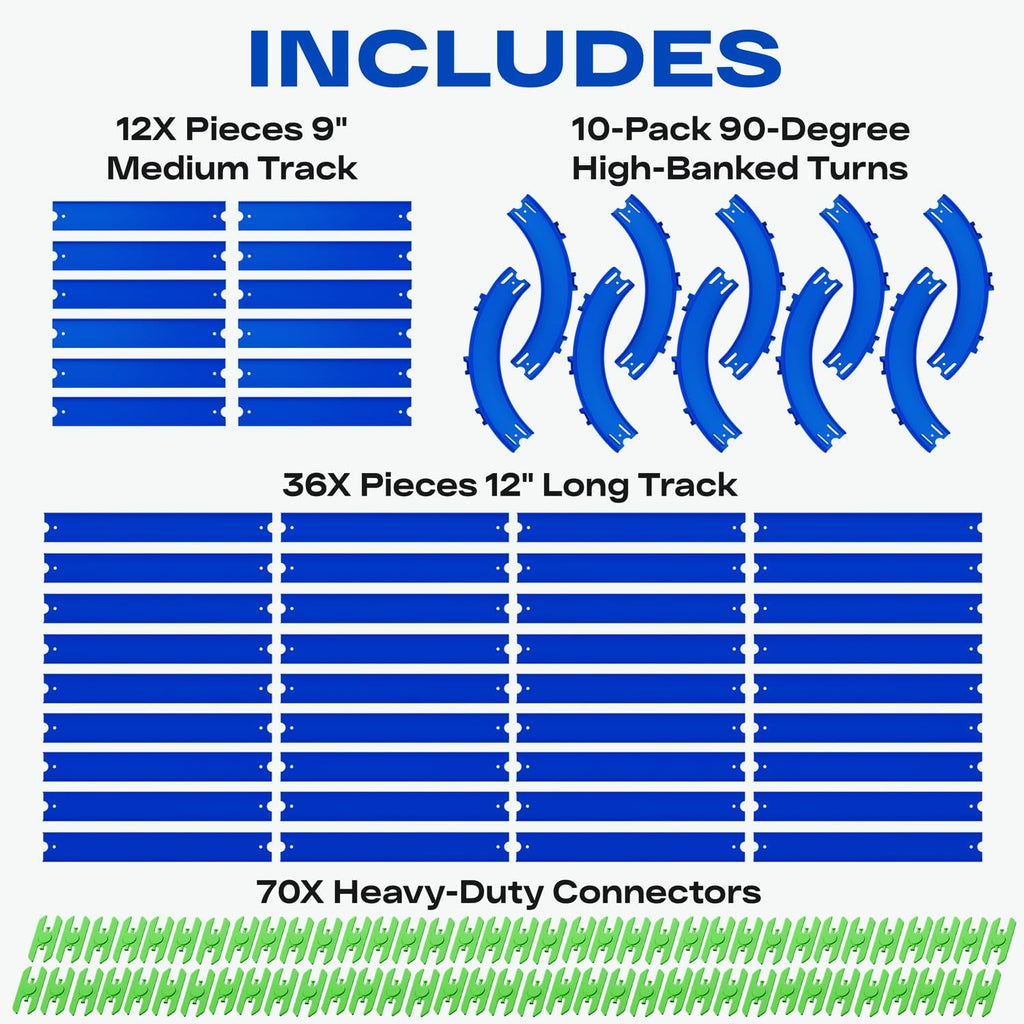 Pista recta y curva compatible con Hot Wheels – Juego de 58 piezas XL a escala 1:64 (50 pies en total) – Incluye rectas, curvas de alto margen y 70 conectores