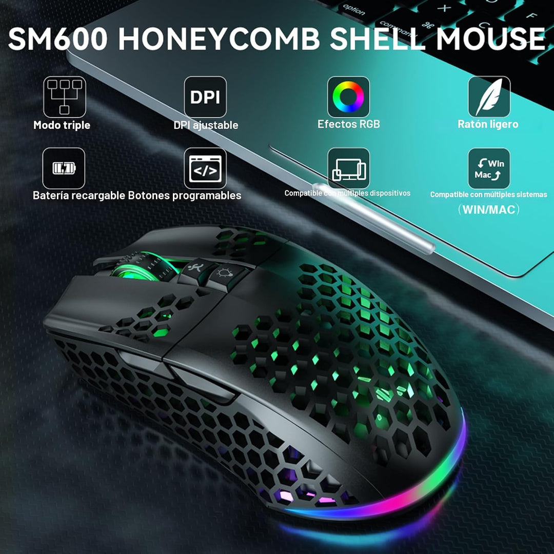 SOLAKAKA SM600 - Ratón para juegos con carcasa de nido de abejas, i...