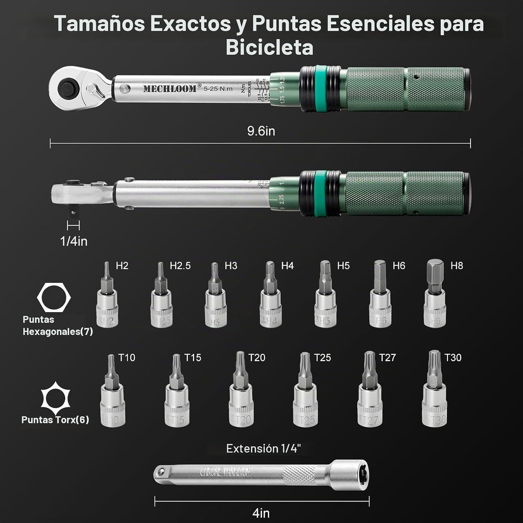 Juego de llaves dinamométricas para bicicleta, 1/4 pulgadas, 5–25