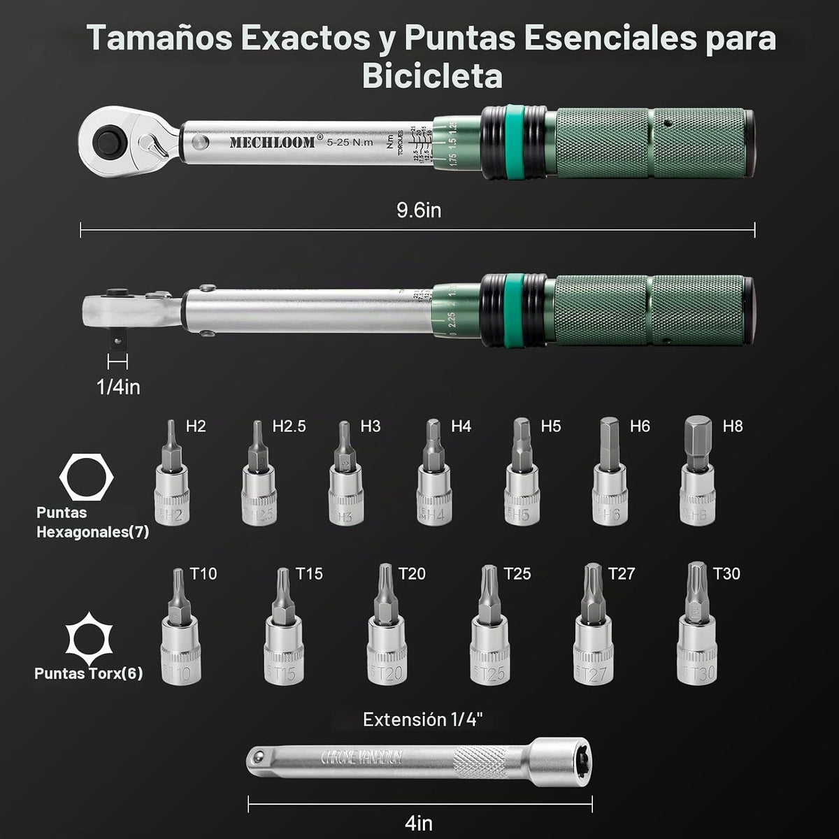 Juego de llaves dinamométricas para bicicleta, 1/4 pulgadas, 5–25