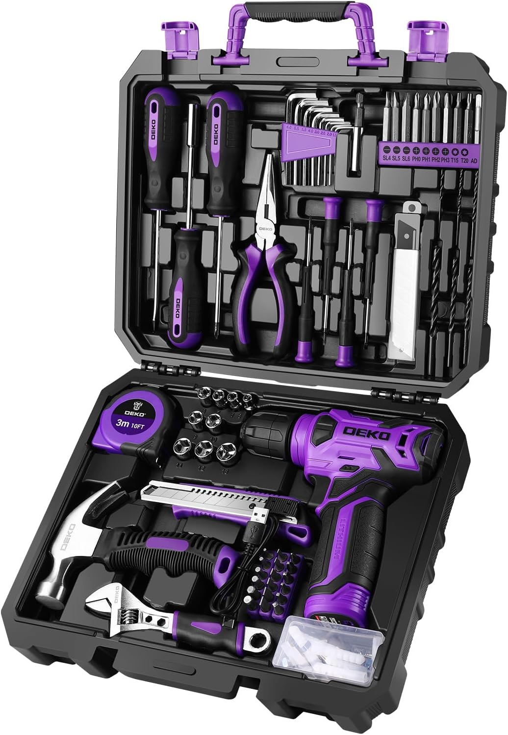 DEKOPRO Juego de herramientas: Kit de herramientas con taladro inalámbrico de 8V, Púrpura
