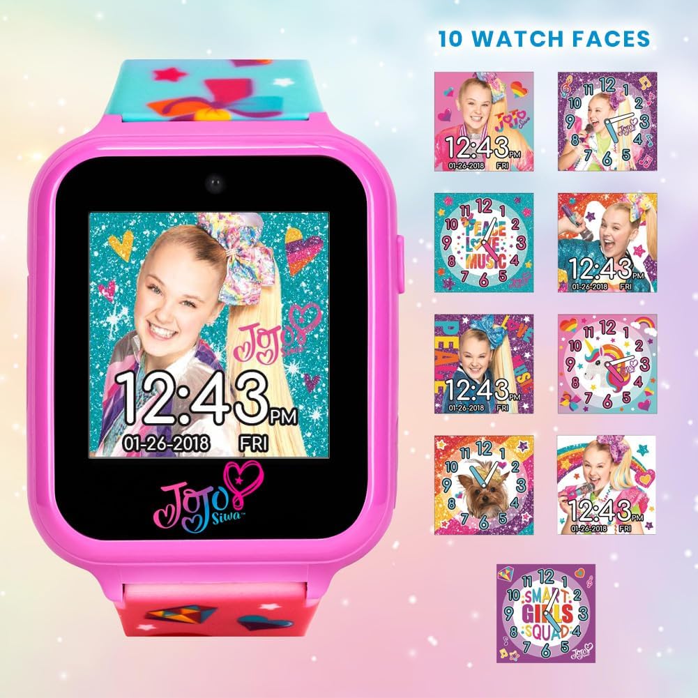 Accutime JoJo Siwa - Juego combinado de auriculares y reloj inteligente, juegos interactivos de aprendizaje, auriculares rosas ajustables, múltiples caras de reloj, ideal para niñas de 6 años en