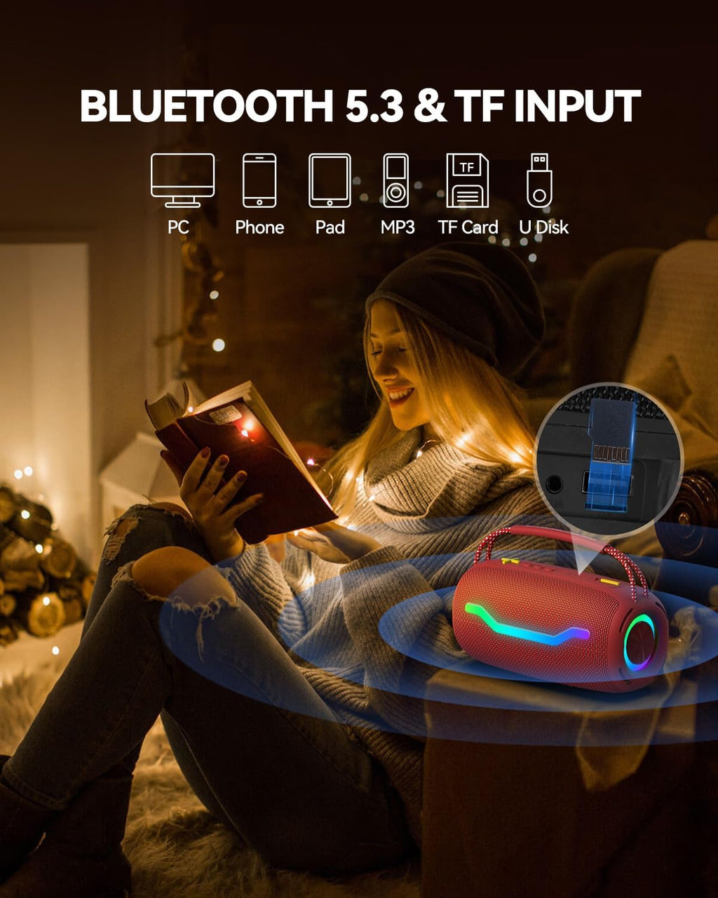 Altavoz Bluetooth portátil con luz, máquina de karaoke impermeable para adultos y niños, sonido fuerte y graves profundos, hasta 8 horas de reproducción, compatible con Bluetooth/AUX/USB para el hogar, fiesta, al aire libre y viajes