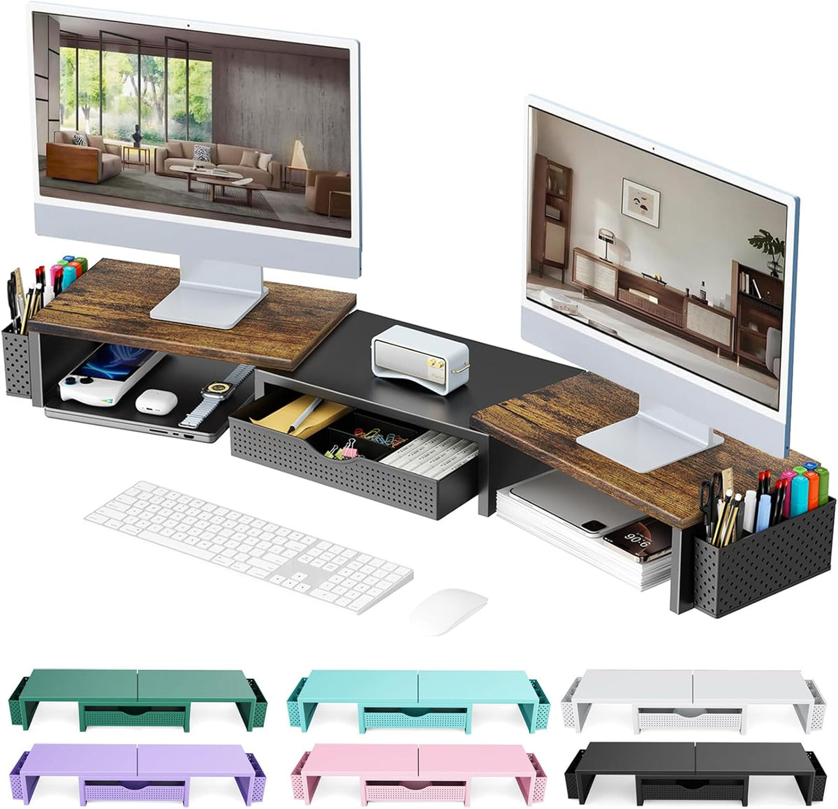gianotter Soporte elevador de monitor doble, organizador de escritorio con cajón y 2 soportes para bolígrafos, soporte para monitor de computadora, estante de escritorio para la parte superior del