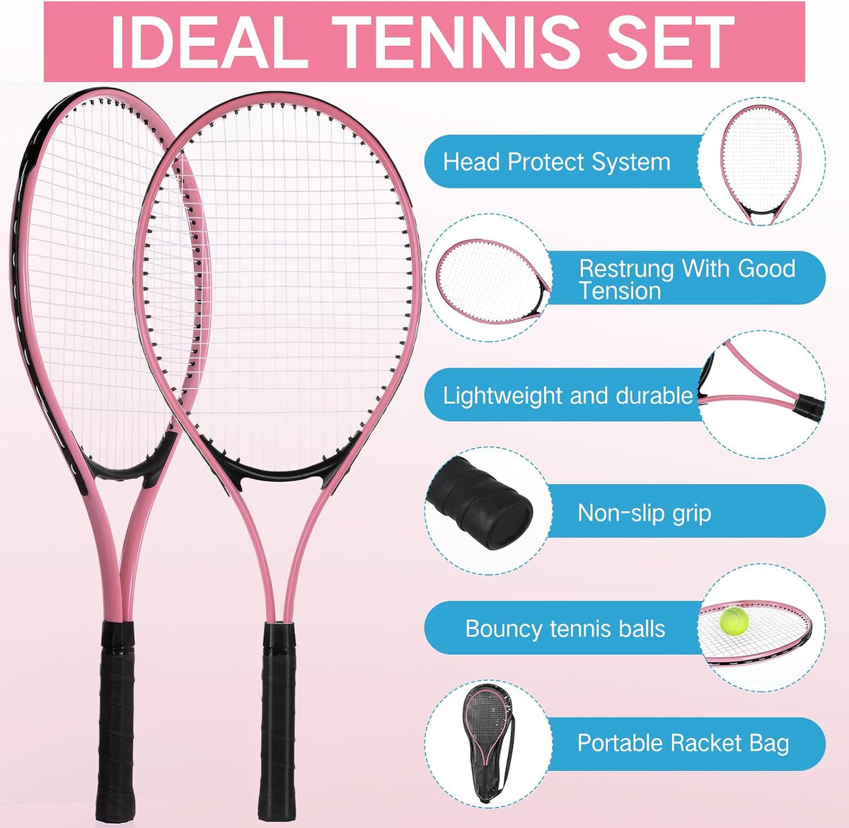 4 raquetas de tenis para adultos recreativas para 4 jugadores, raqueta de tenis ligera de 27 pulgadas con 3 pelotas de tenis para entrenar principiantes con bolsa de transporte