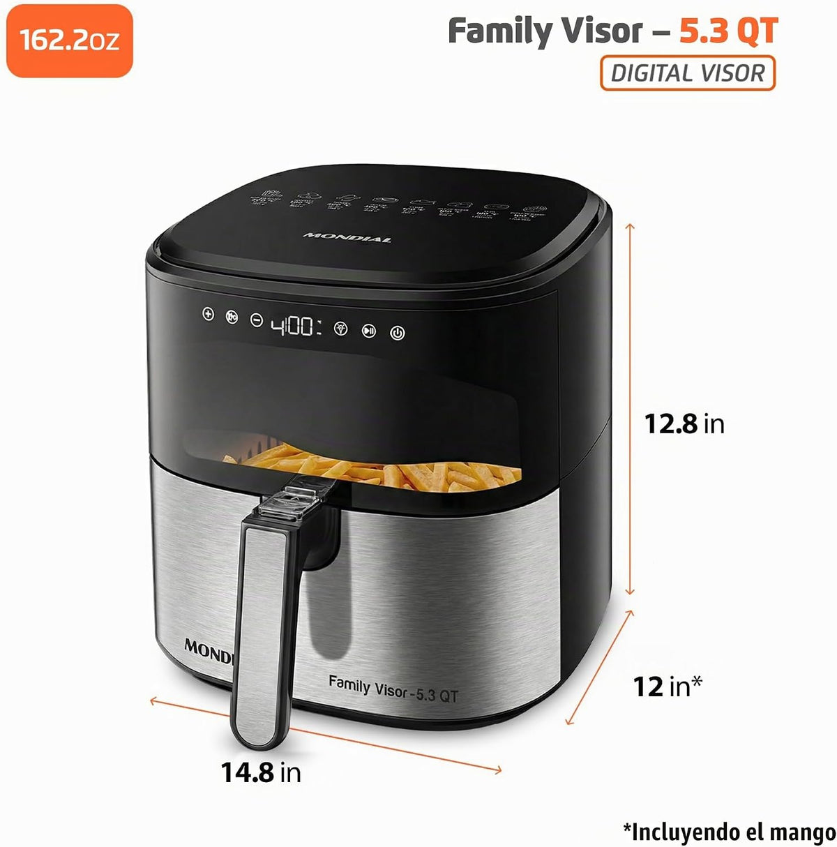Mondial Air Fryer Digital 5.3 litros (5.3QT) - Freidora eléctrica con pantalla y acabado de acero inoxidable - 1800W - Negro