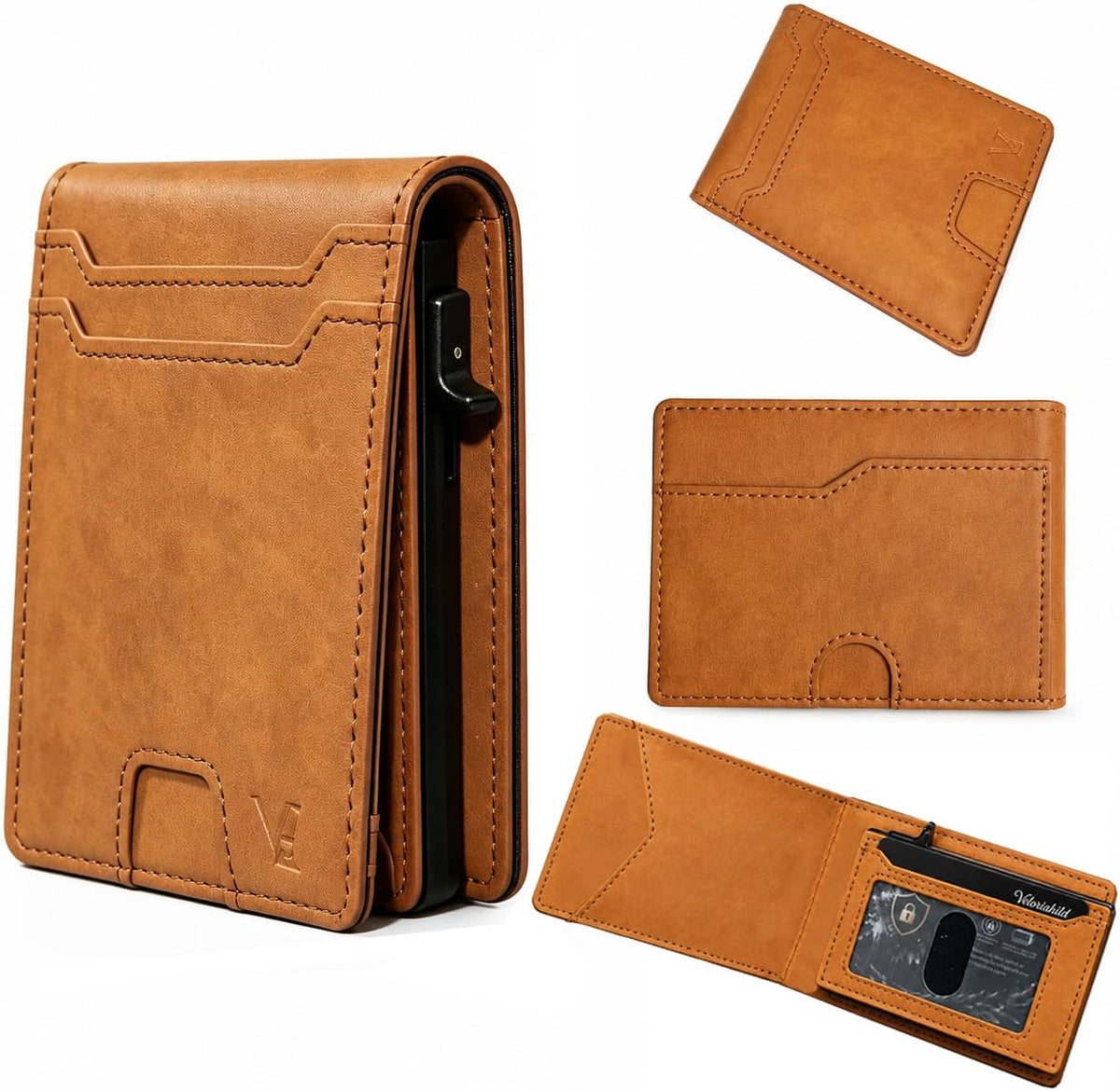 Cartera para hombre, con funda de metal, inteligente, delgada, con cierre magnético, 14-16 tarjetas, billetera triple de cuero con bloqueo RFID, bolsillo frontal