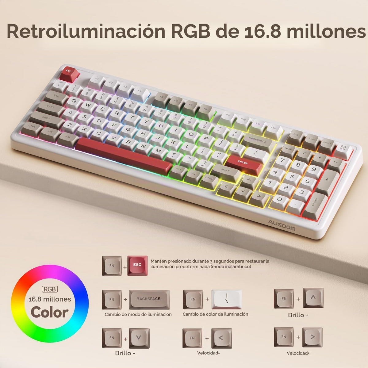 AUSDOM Teclado mecánico inalámbrico Bluetooth H98, BT5.3\/Type-C\/2...