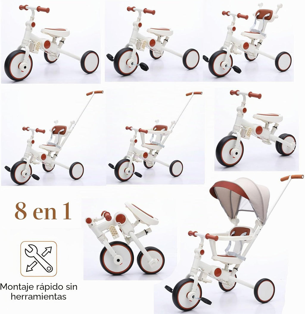 Triciclo plegable de empuje para niños pequeños con toldo, triciclo de equilibrio 8 en 1 con asa, triciclo para niños de 1 a 3 años, triciclos plegables para niños (blanco)