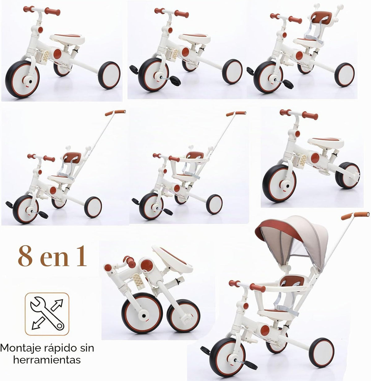 Triciclo plegable de empuje para niños pequeños con toldo, triciclo de equilibrio 8 en 1 con asa, triciclo para niños de 1 a 3 años, triciclos plegables para niños (blanco)