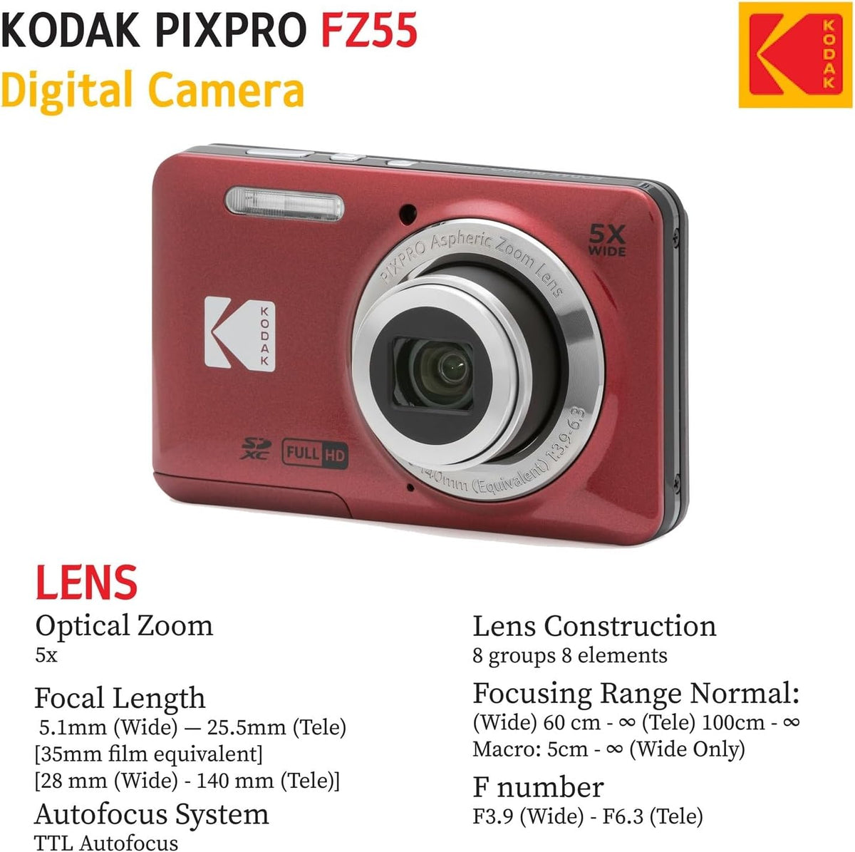 KODAK PIXPRO FZ55 Cámara digital de 16 MP de apuntar y disparar, zoom óptico 5X, Rojo