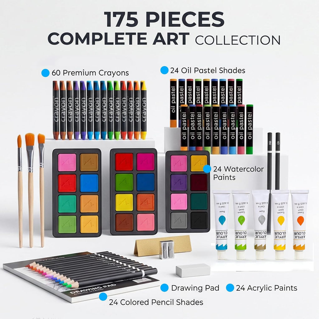TMOL Suministros de arte, paquete de 175 juegos de arte de lujo, kit de pintura de dibujo con 2 almohadillas de dibujo, pinturas acrílicas, lápices de colores, crayones y kit de arte en estuche de
