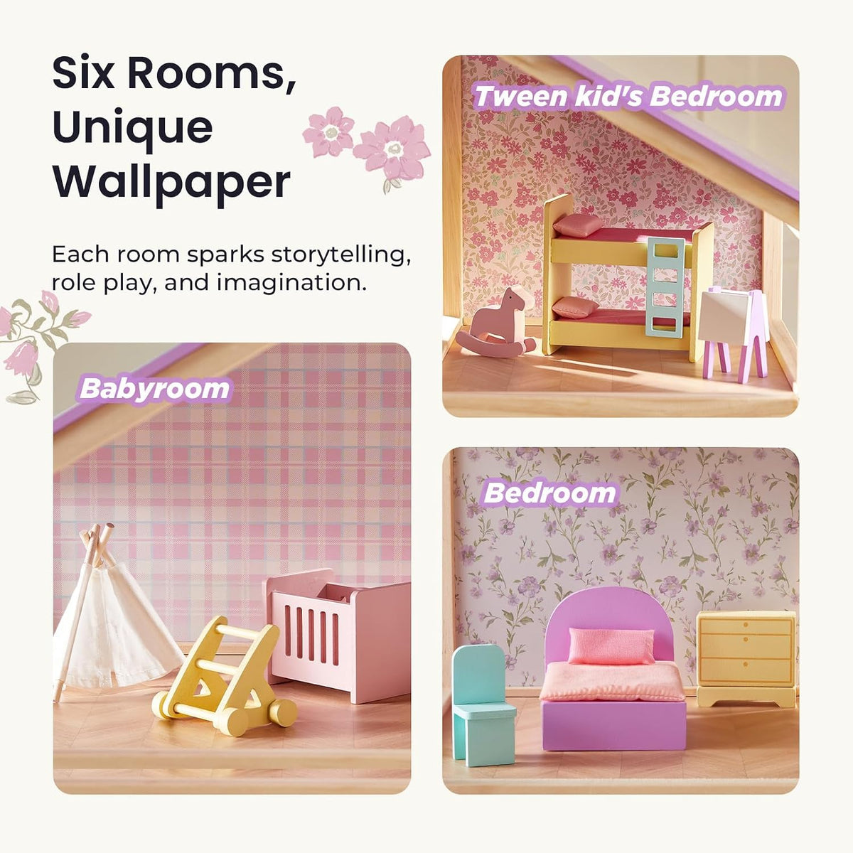 Tiny Land - Casa de muñecas de madera para niñas - Casa de muñecas de madera de 6 habitaciones