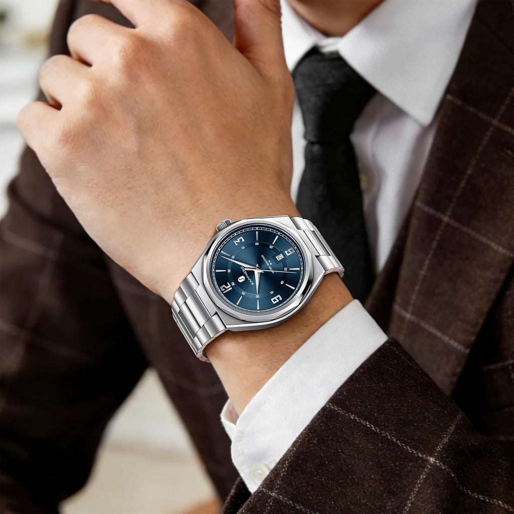 SAPPHERO Reloj para hombre con subesfera de fecha/esfera de números arábigos, cuarzo analógico, correa de acero inoxidable/piel, 164 ft impermeable, reloj de pulsera de vestir casual para trabajo de