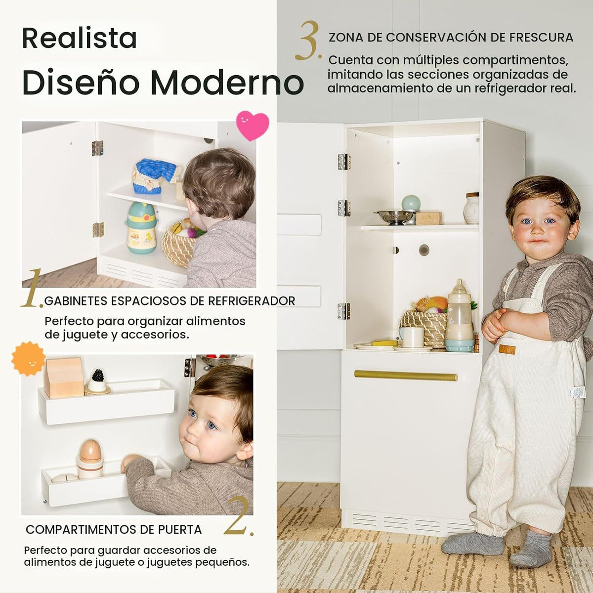 Tiny Land - Nevera de juguete de madera para niños con amplio almacenamiento
