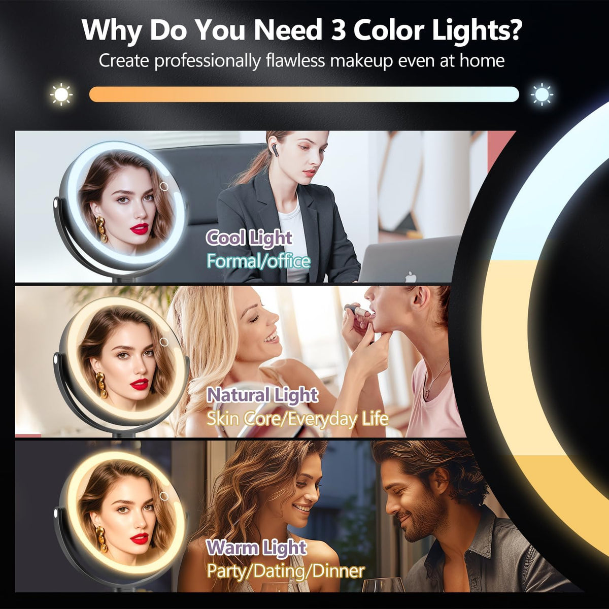 MIYADIVA Espejo de maquillaje con luces, espejo de aumento 20X con luz e interruptor táctil, espejo de tocador con 3 luces de color y 80 LED, espejos ampliados iluminados de 2 lados de 8.8 pulgadas, color negro