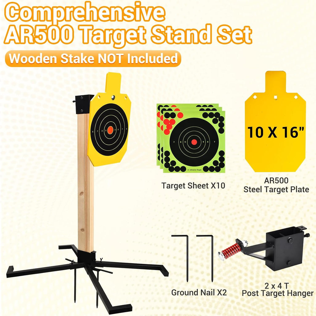 Sistema de soporte de acero AR500, objetivos de rehén de acero de 3/8 pulgadas de grosor con base de soporte estable de 2 x 4, kit completo de disparo con papel de objetivos de 10 piezas para