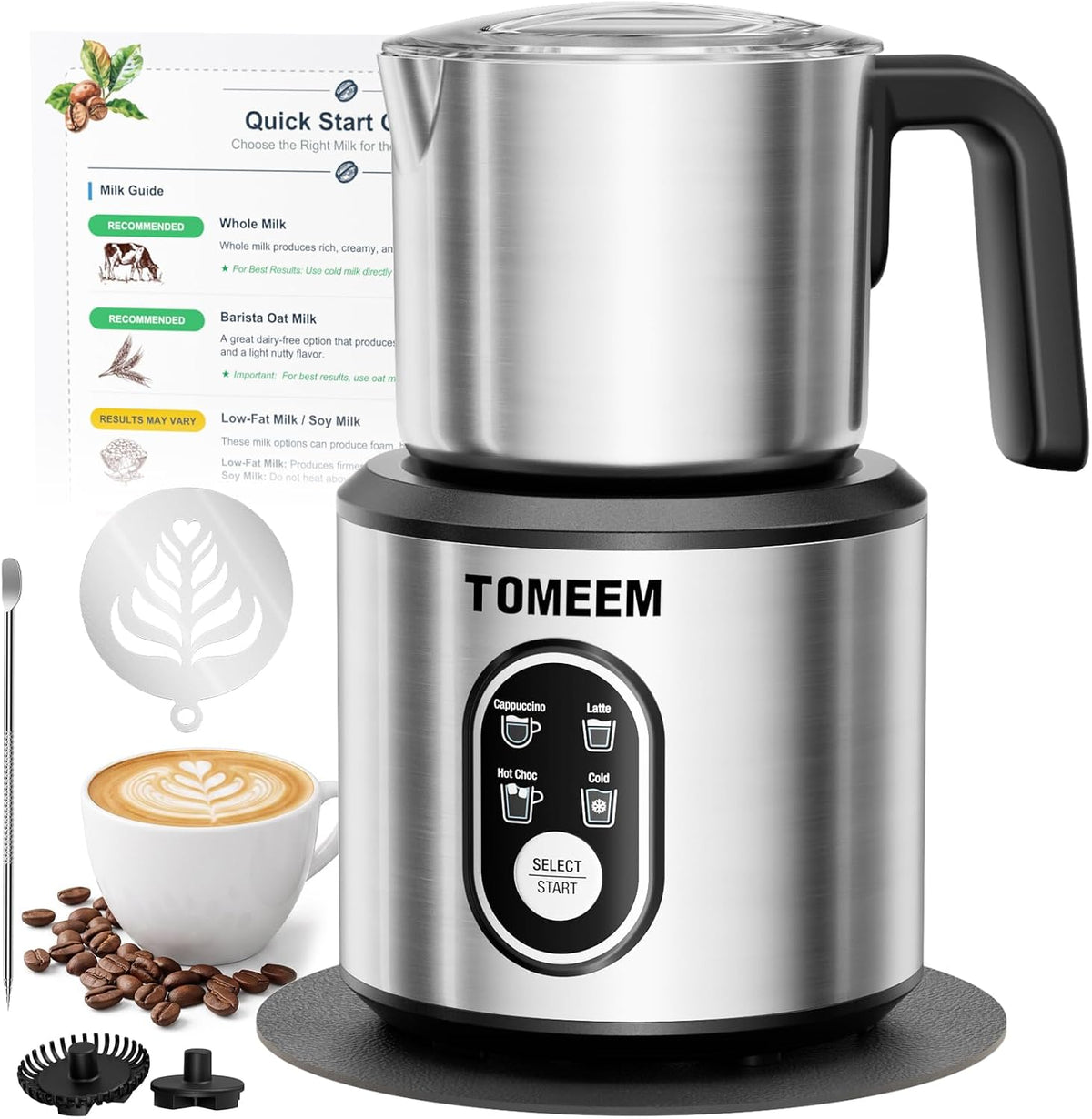 TOMEEM Espumador de leche eléctrico 4 en 1 y vaporizador para espuma fría y
