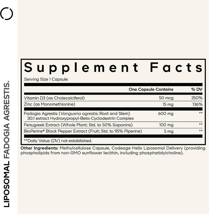 Codeage Fadogia Agrestis liposomal 600 mg, zinc, vitamina D3, 60 cá...