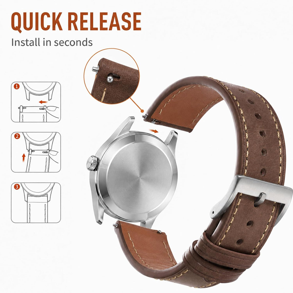 Correa de reloj de cuero para hombres y mujeres, correa de reloj de cuero de liberación rápida con correa de cuero de reloj de hebilla plateada, 0.709 in/0.787 in/0.866 in correa de reloj