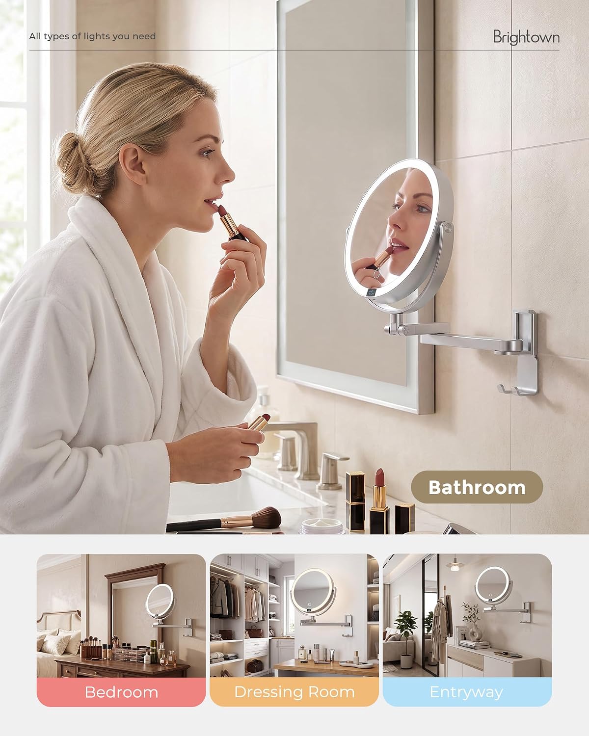 Brightown-espejo de maquillaje para colgar en la pared con iluminación, aumento 1X/10X, 8", con LED