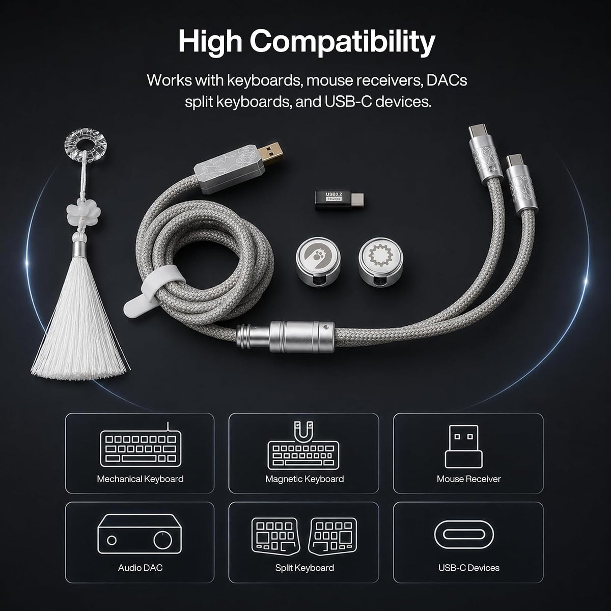 Split Dual 8K Gaming Cable AM Edition 1.4m / 4.6 ft (4.6 pies), conexión dual de alta velocidad, baja latencia, compatible con dispositivos USB tipo C, malla duradera de alambre plateado