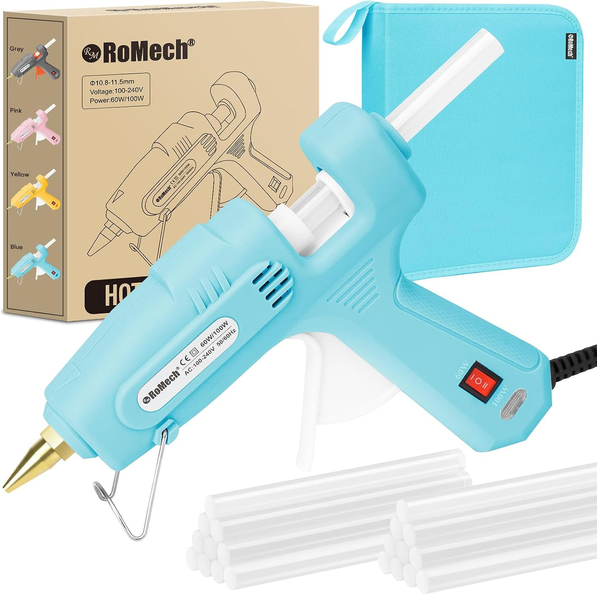 Pistola de pegamento caliente de tamaño completo ROMECH con alimentación dual de 60/100 W y 21 barras de pegamento caliente (7/16"), pistola de pegamento industrial de calentamiento rápido y