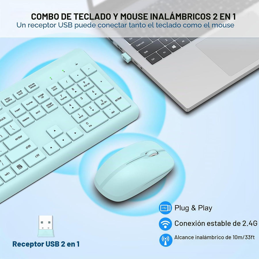 Combo de teclado y mouse inalámbricos, teclado ergonómico silencios...