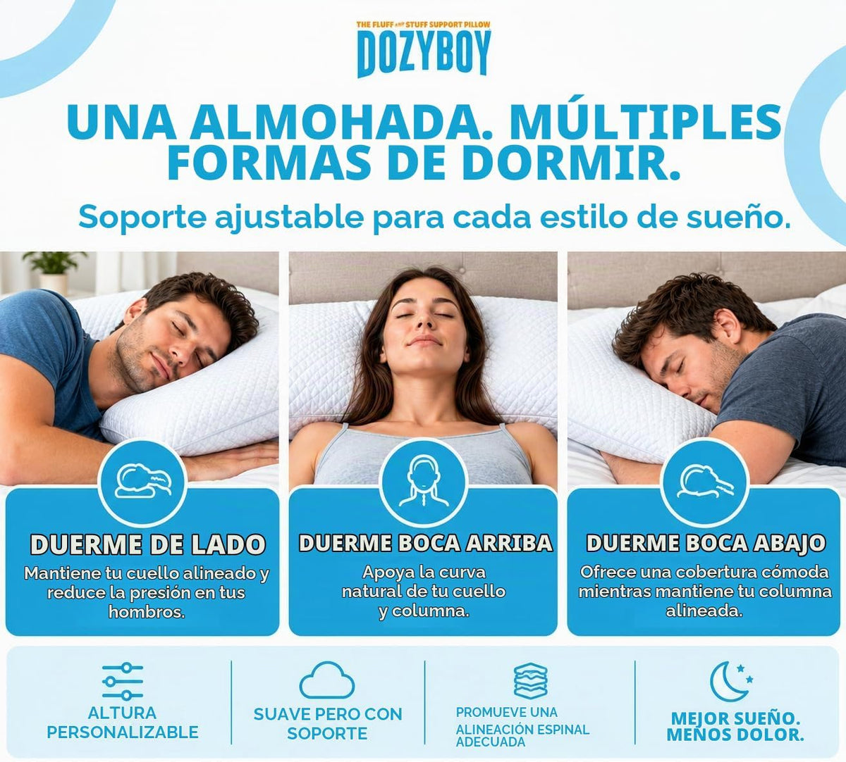 Fluff and Stuff Comfort Pillow | Almohadas de espuma viscoelástica tamaño Queen, diseñadas y aprobadas por quiroprácticos 2 en 1 para soporte de espalda y almohadas de cama | Almohada