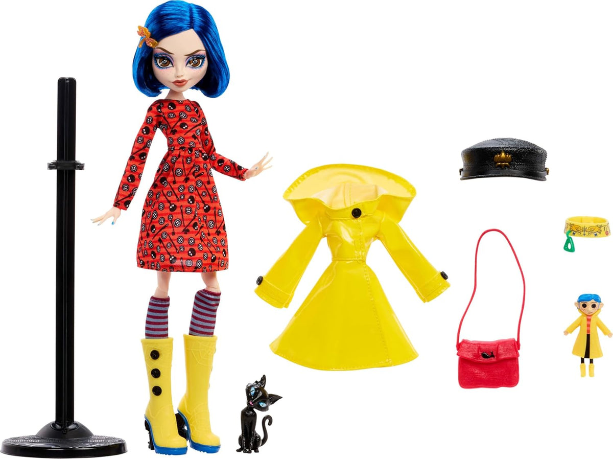 Monster High Muñeca Skullector, Coraline coleccionable en impermeab...