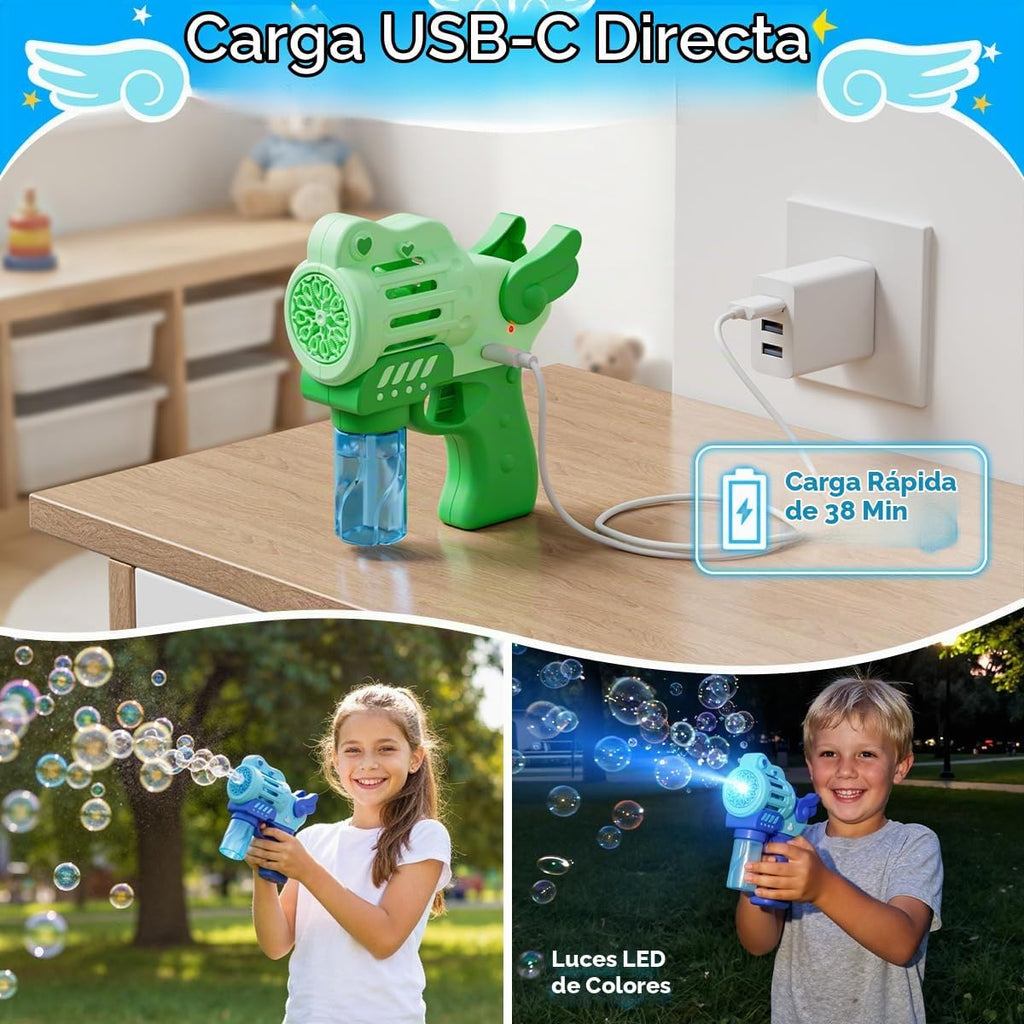 Paquete de 2 pistolas de burbujas recargables con solución de 4 botellas, pistolas sopladoras de burbujas con luces LED para niños pequeños de 3 a 12 años, juguete de verano, recuerdos de fiesta