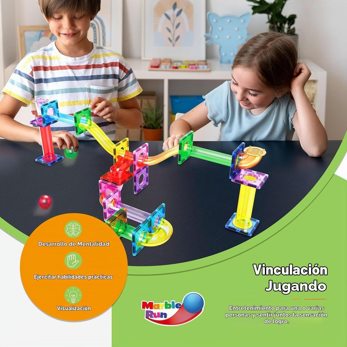 PicassoTiles Azulejos Magnéticos Pista de Canicas Bloques de Construcción Color Arcoíris con Tobogán Embudos de Caída Tubos Juguete Educativo STEM Set Compatible Kit de Construcción Duradero para