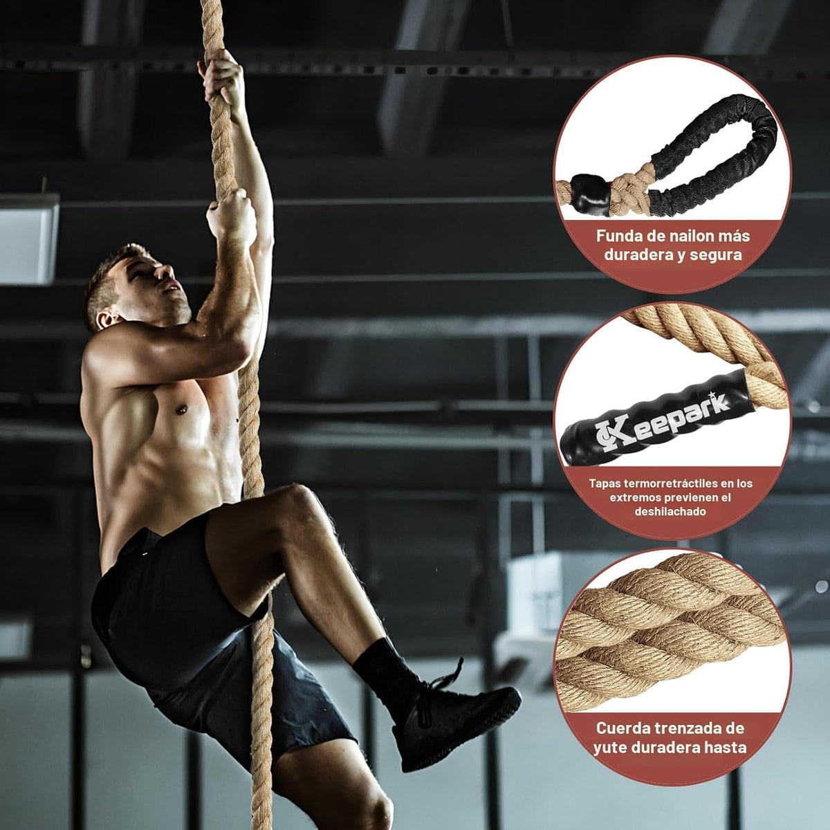 Cuerda de escalar para gimnasio - Cuerdas de ejercicio de 1.5 pulgadas de diámetro en longitudes de 10FT, 15FT, 20FT, 25FT, 30FT, 35FT, 40FT, 50FT para fitness y entrenamiento de fuerza, cuerda de escalada para adultos en casa, interior o exterior