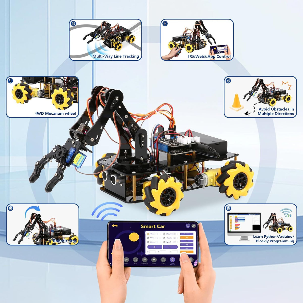 ACEBOTT 5DOF Kit de Coche con Brazo Robótico Inteligente, Coche de Control Remoto 4WD Compatible con Arduino/Python/Blockly Proyecto de Programación/Educación STEM/Kit de Codificación Científica para